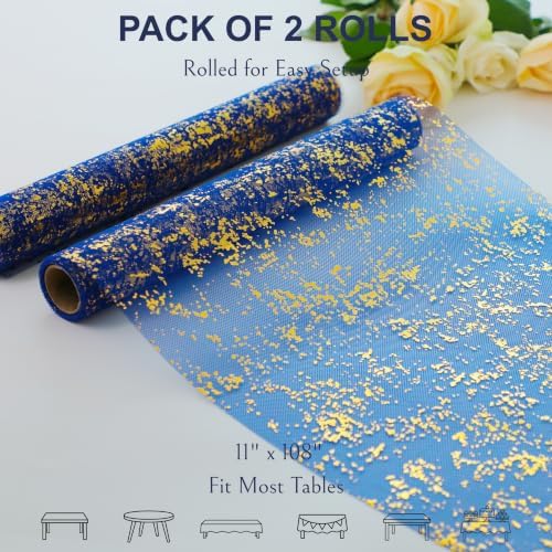 2 Pcs Royal Blue Gold Table Runner, Glitter Metallic Foil Mesh Roll 108" - Image 2