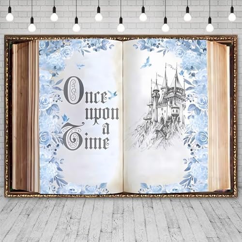 20x10ft Once Upon a Time Backdrop Fairy Tale Storybook Open Book Castle Photography Background for Princess Wedding Birthday Party Baby Shower Photo Booth Props Blue Flower Rose Vintage Decor - Image 3