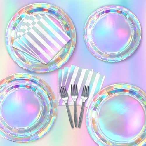 Iridescent Party Supplies for 20 Guests, Disposable Iridescent Tableware Set Includes Holographic Paper Plates, Napkins, Forks, Tablecloth for Birthday Mermaid Themed Party Decorations Wedding - Image 3