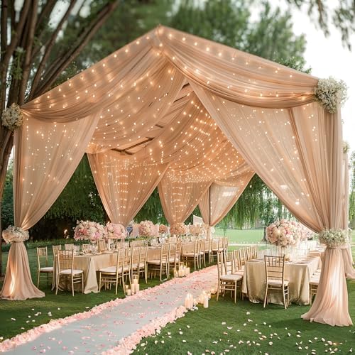 6 Panels Deep Champagne Ceiling Curtains with Lights for Weddings - 5ftx30ft Wrinkle-Free Tulle Fabric Wedding Arch Draping Ceiling Drapes Decorations for Wedding Party Ceremony Stage Tent Event - Image 2