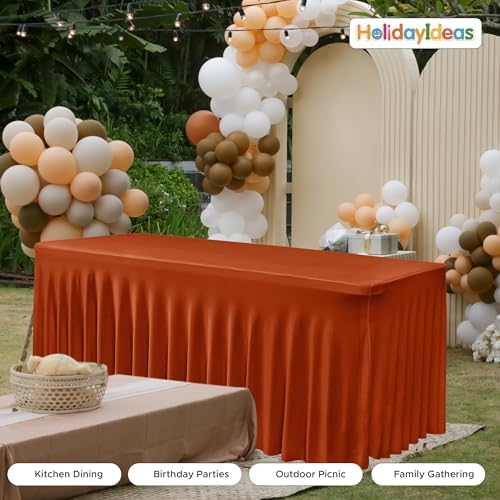 HolidayIdeas 4 Pack Rust Spandex Table Skirts 8ft Fall Tablecloths Ruffle - Image 6