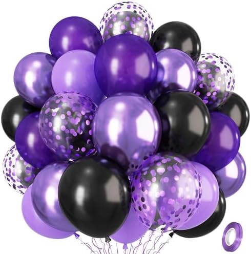 Isndare Purple Black Balloons, 12 Inch Dark Purple Light Balloons with Metallic Purple Confetti Latex Balloon Set for Girls Women Halloween Birthday Bridal Shower Wedding Party Decorations Is-02 by Isndare