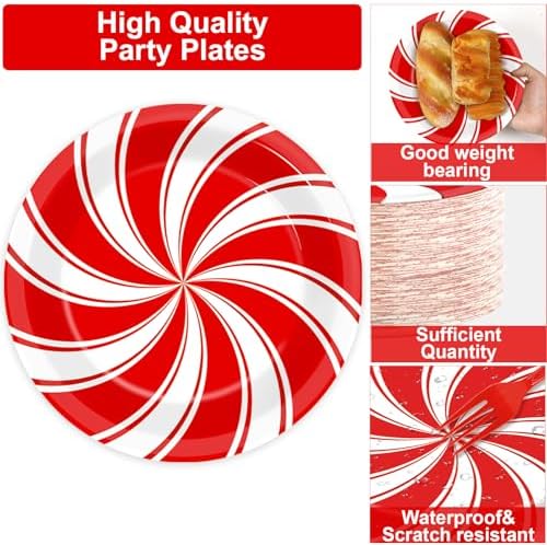 gisgfim 50 Guests Christmas Peppermint Candy Party Supplies Candy Mint Plates and Napkins Forks Xmas Tableware Red and White Striped Paper Plates for Holiday Party 200PCS - Image 3