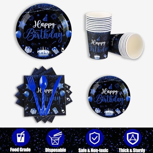 Vesici 171 Pcs Happy Birthday Party Supplies 24 Set Table, Black, Blue - Image 4
