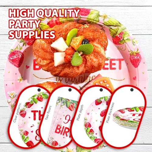 Grencian 96Pcs Strawberry 3rd Birthday Party Supplies Serves 24 - Image 6
