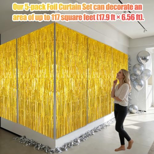5 Pack 3.28ft x 6.56ft Gold Metallic Tinsel Foil Fringe Curtains, Photo Booth Backdrop Party Decorations for Birthday Wedding Baby Shower Graduation Bachelorette New Years - Image 3