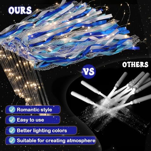 100 Pcs Wedding Wands Ribbon with 3 Colorful Flashing Modes, Light up LED Silk Fairy Wands, Glow Lace Stick with Bells for Wedding Reception, Graduation, New Year, Birthday Party (Blue) - Image 6