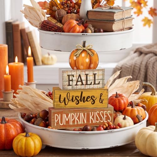 Moucuny 4 Pcs Fall Pumpkin Decor Fall Decorations for Home Wooden Pumpkin Decor Thanksgiving Table Centerpiece Rustic Autumn Stacked Block Signs Farmhouse for Harvest Party Home Kitchen - Image 5
