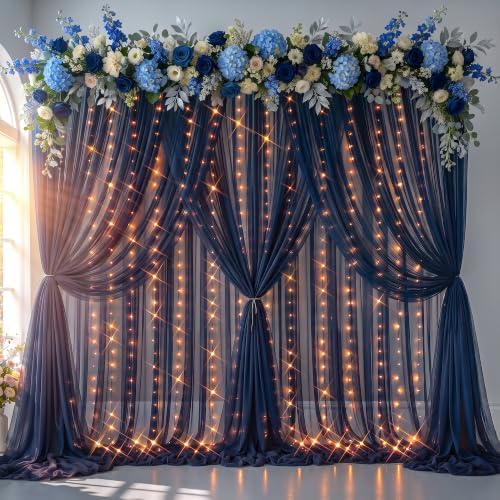 Shillance 30ft x 10ft Navy Blue Backdrop Curtain with Lights String for Parties, Sheer Tulle Wedding Photo Backdrops Drapes for Baby Shower Birthday Party Decorations Background for Photography by Shillance