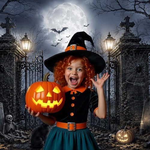 9 x 6 ft Halloween Backdrop Spooky Cemetery Castle Full Moon Pumpkin Black Cat Skeleton Photography Background, Horror Fall Party Decor Photo Booth Props, Kids Birthday Studio Wall Decor Banner - Image 2