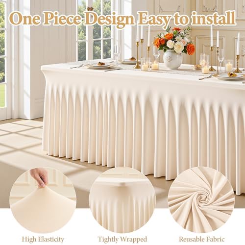 Light Champagne Spandex Table Covers for 8 Foot Rectangle Table, Fitted Stretch Table Skirts Wrinkle-Free Floor Length Polyester Rectangle Tablecloths for Weddings Parties Banquets Events,2 Pack - Image 2