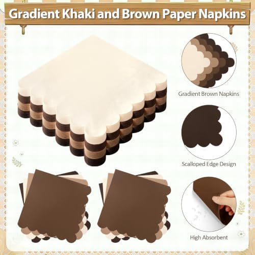 192Pcs Brown Plates and Napkins Party Supplies, Disposable 9’’ Scalloped Khaki Paper Plates Cups Napkins Forks, Gradient Party Decorations for Birthday, Baby Shower, Bridal Shower, Fall, Serves 48 - Image 4