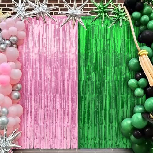 4 Pack 3.3Ft x 6.6Ft Pink and Green Foil Fringe Curtain Backdrop Decorations, Witch Metallic Tinsel Foil Streamers Curtain Photo Booth Background for Witch Wedding Birthday Party Decorations - Image 5