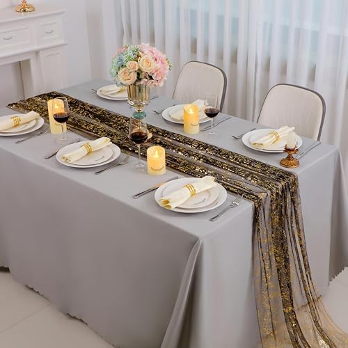 Snowkingdom 10 Pcs Black & Gold Cheesecloth Table Runner 10 FT, Sheer Chiffon Sparkle Gauze Mesh Runners 120 Inch, Glitter Table Centerpieces Decoration for Birthday Party Wedding Christmas Halloween - Image 2