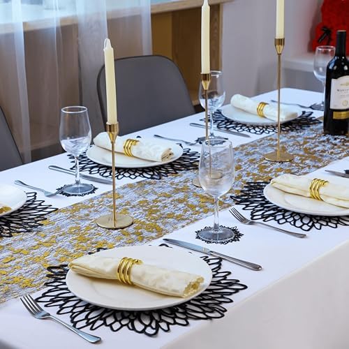 Snowkingdom Pack of 18 Black Placemats Washable Pressed Vinyl Laser Cut Dining Table Mats Round Floral Charger Decoration for Christmas Halloween Thanksgiving Wedding - Image 3