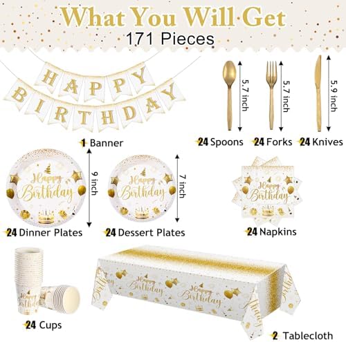 Vesici 171 Pcs Happy Birthday Party Supplies 24 Set Table, White, Gold - Image 3