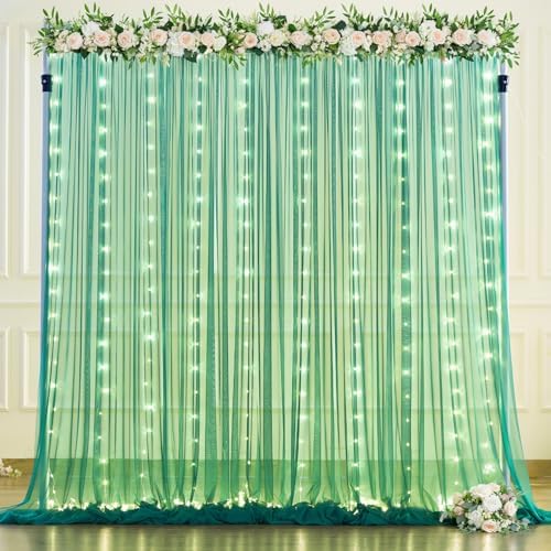 Hunter Green Tulle Backdrop Curtains with Lights String for Parites 10x8ft Sheer Backdrop Curtains Drapes for Birthday Party Bridal Shower Baby Shower Photo Booth Background Decorations by Suppromo
