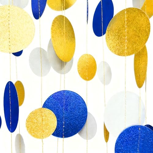 Royal Blue Gold White Party Polka Dot Garland Dark Blue Glitter Gold White Hanging Paper Circle Dots Streamer for Birthday Graduation Wedding Shower Retirement Nautical Party Decorations Supplies - Image 5