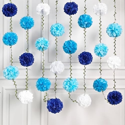 Blue White Party Decorations Ombre Blue Tissue Paper Flowers Pom Pom with Leaf Ribbon Hanging Garland Streamer for Birthday Wedding Shower Under The Sea Nautical Ahoy Achor Party Supplies by pinkblume