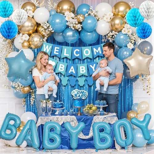 Blue Baby Shower Decorations- Girls Shower Decor Set With- Welcome Baby Banner, Clothes Banner, Fringe Curtains, Cake Topper, Honeycomb Ball, Dusty Blue Latex Balloon and Aluminum Foil Balloons (Boy) - Image 3