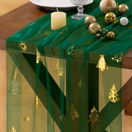 Christmas Tree Table Runner Gold Gauze Glitter Sheer Party Home Table Decor by Socomi