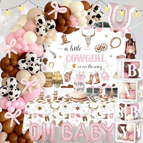 Cowgirl Baby Shower Decorations for Girl - Western Theme Party Supplies Include Balloon Garland Arch Kit, Backdrop, Tablecloth, 4 Boxes, Horseshoe Foil Balloon - A Little Cowgirl is on the Way Pink by Jenlion