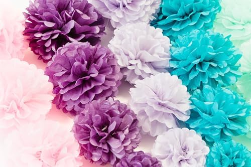 PapaKit 20pc Mermaid Purple Tissue Paper Pom Poms Set – Decorative Hanging Paper Flowers for Birthday Party, Baby Shower, Wedding, Bridal Shower, and Bachelorette Backdrop - Image 3
