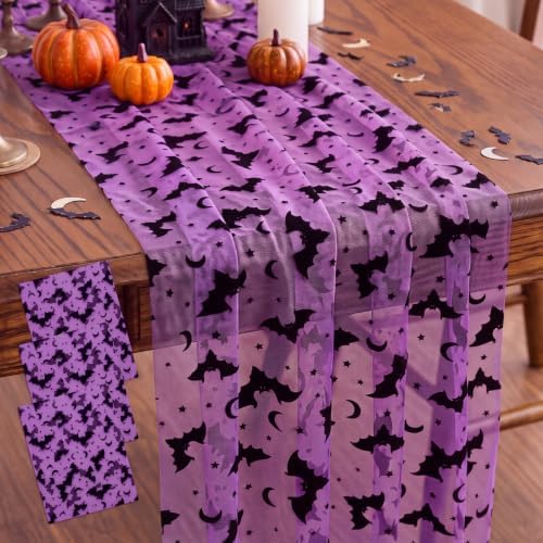 Remagr 3 Pcs Halloween Table Runner Flocked Lace, Bat Table Decor 30"x70" by Remagr