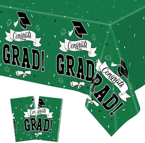 2Pcs Graduation Tablecloth, 108" X 54" Green Graduation Table Decorations 2026, Rectangle Tablecovers for Class 2026 Congrats Grad, Disposable Plastic Tablecover for Grad Decor Party Supplies for Kids by QZYL