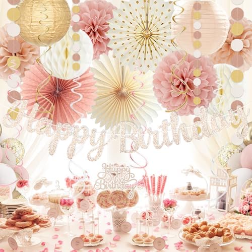 Boho-Pink Birthday Decorations, Happy Banner, Women Paper Lanterns Honeycomb, One Sweet Peach Streamers Garland, Retro Blush Pink Beige Metallic Gold Balloon for Birthdays Party Décor - Image 5
