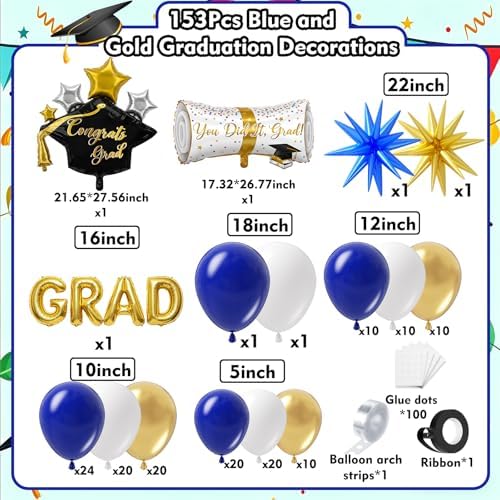 Royal Blue and Gold Graduation Balloons Garland Arch Kit 153Pcs, Graduation Decorations 2026 with Grad Cap, Certificate & Star Foil Balloons for Class of 2026 College High School Prom Supplies - Image 2
