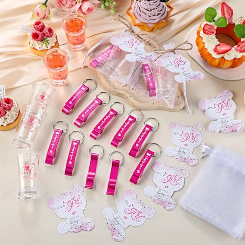 50 Sets Baby Shower Favors Shot Glasses Keychain Gifts, Bear, Pink - Image 5