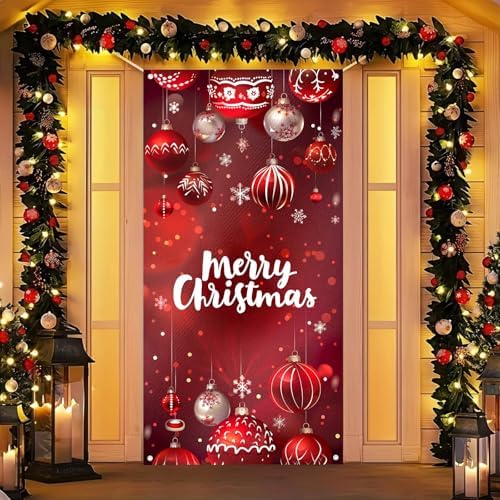 BlissYard Merry Christmas Door Cover 71x35 Inch Front Porch Door Banners Decoration Winter Red Hanging Christmas Ornaments with Snowflakes for Sign Party Indoor Decor by BlissYard
