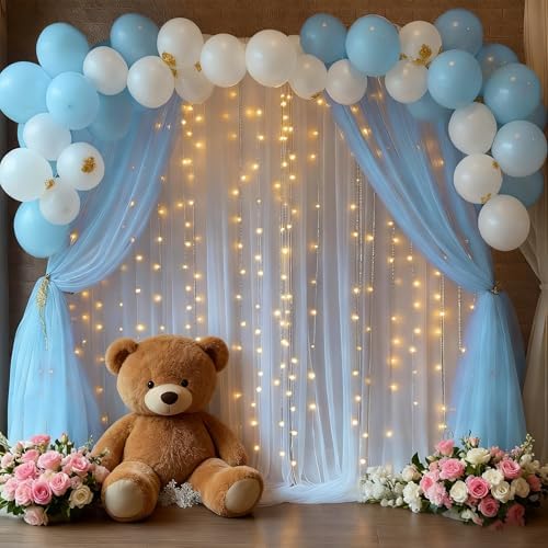 10x10ft Baby Blue Tulle Backdrop Curtain with Lights String for Parites, Sheer Photo Backdrop Curtain Drapes for Wedding Baby Shower Bridal Shower Birthday Party Photo Shoot Decorations - Image 3