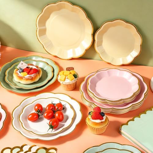 Kochorie 100 Pcs Sage & Pink Scalloped Paper Plates and Napkins - Image 5