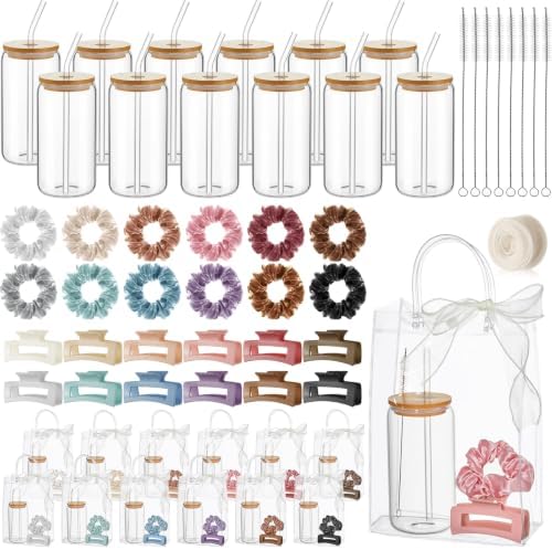 SiliFine 49 Pcs/12 Set Birthday Gifts for Girls, Muted Morandi Birthday Gifts for Girls Party Supplies, 12 Glass Cups, 12 Hair Band, 12 Hair Clip, 12 Tote Bag, 1 Ribbon for Women Spa Sleepover Slumber by SiliFine