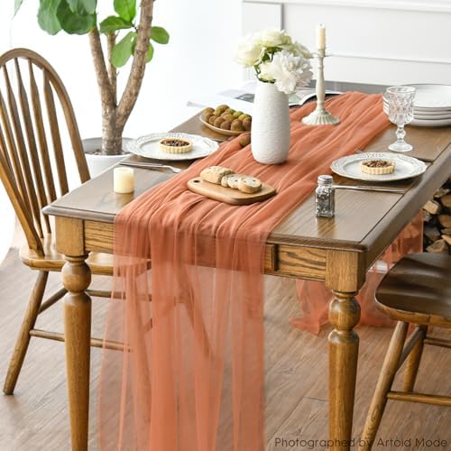 Artoid Mode Terracotta Gauze Table Runner 120 Inch 10FT, Seasonal Sheer Kitchen Dining Holiday Wedding Birthday Baby Shower Table Decor for Home Party - Image 5