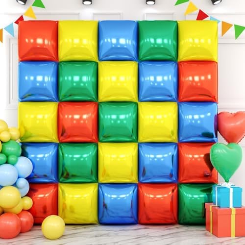 25PCS Red Yellow Blue Green Square Foil Balloons Wall Backdrop by FEYG