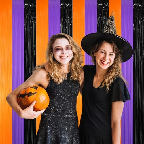 GOER 3.2 ft x 8.2 ft Metallic Tinsel Foil Fringe Party Backdrop for Halloween Birthday Graduation New Year's Party Decorations(3 Packs,Black&Orange&Purple) - Image 2