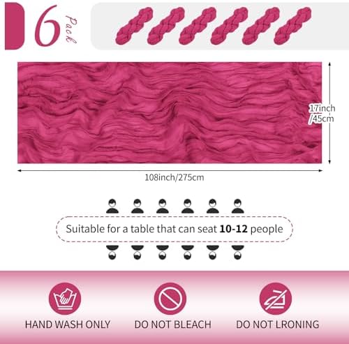 6 Pack Hot Pink Cheesecloth Table Runner 17x108 Inch Semi Sheer Boho Gauze Cheese Cloth Fabric Table Runners Table Decor for Wedding Party Baby Shower Birthday Home Decor Garden Farmhouse - Image 2