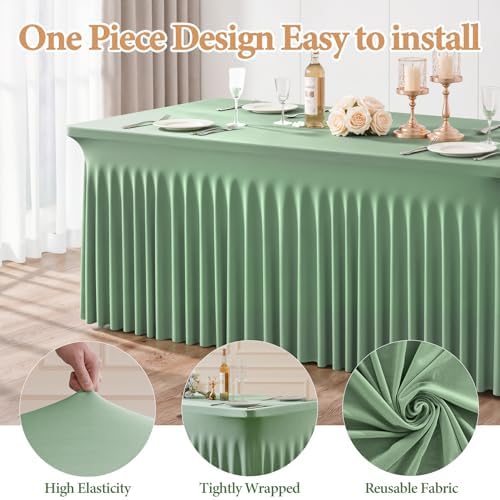 2 Packs Sage Green Spandex Table Cloths 6 Foot, Fitted Stretch Table Cover with Skirts 30x72 Inch, Wrinkle-Free Floor Length Tablecloths Rectangular for Weddings Parties Banquets Events Decorations - Image 2