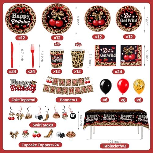 Kinovo 206 pcs Cheetah Print Birthday Decorations-Serves 24, Red Black Cherry Leopard Party Supplies Y2K with Plates Napkins Tablecloth Banner Balloons Cake Topper for Womens - Image 5
