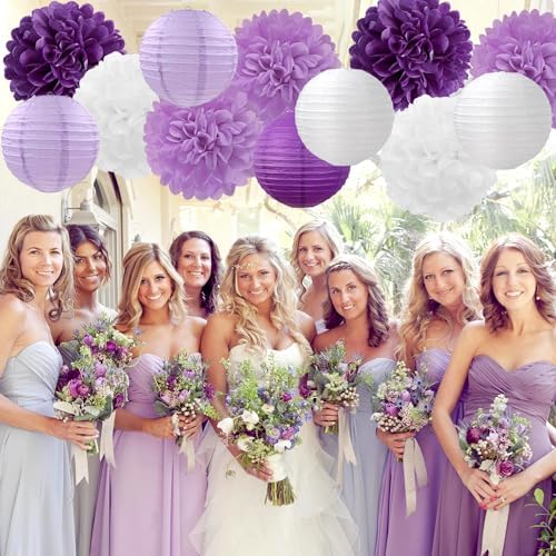 Purple-White Lavender Party Decorations Paper Flowers Lanterns - 15PCS Birthday Graduation Tissue Pom Poms Streamers, Baby Bridal Shower Wedding Retirement Bachelorette Hanging Supplies Decor Hugfond - Image 5