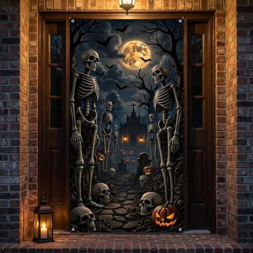 Halloween Skeleton Door Banner, Spooky Graveyard Backdrop for Front Porch by Unknown