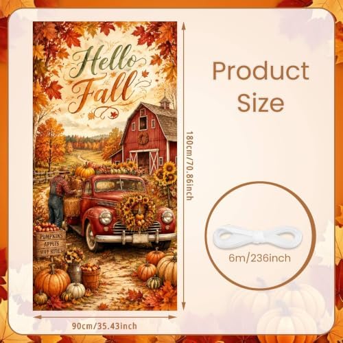 Hello Fall Vertical Door Banner 35×71 Inch Vintage Red Truck Farmhouse Harvest Decor, Autumn Pumpkin Maple Leaf Front Door Hanging Flag for Thanksgiving Outdoor Porch Home Party Seasonal Decoration - Image 2