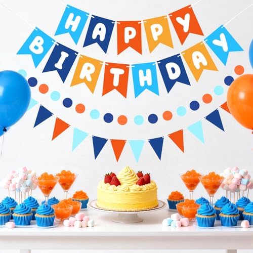 Blue Orange Happy Birthday Banner Hanging Sign Circle Dot Triangle Bunting - Image 2
