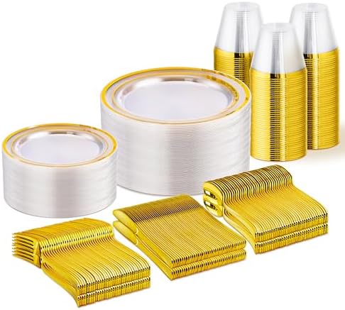 WELLIFE 300 PCS Clear Gold Disposable Dinnerware Set for 50 Guests by WELLIFE