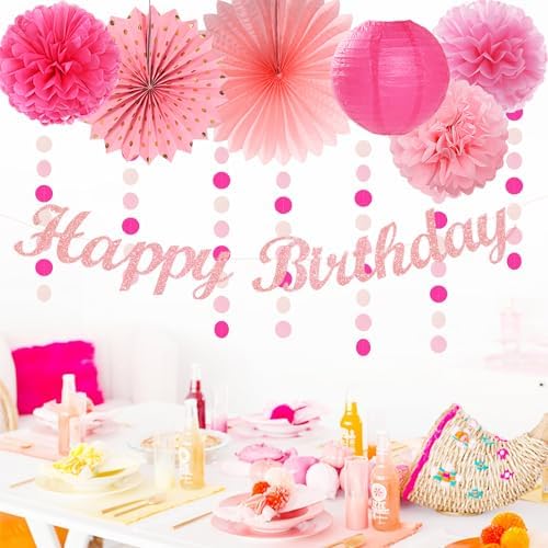 Light Hot Pink Birthday Party-Decorations - 21pcs Girl Happy Banner,Paper Lanterns Honeycomb,Tissue Pom Poms Flower Fan,Hanging Streamers Garland,18th 21st 30th Women Birthday Decor Supplies Huglony - Image 4