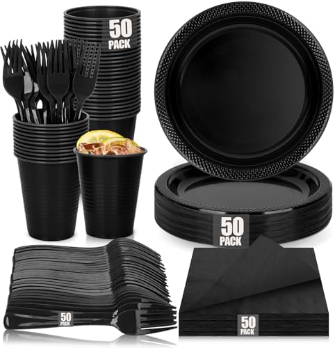 200pcs Black Plastic Party Plates Set, Disposable Black Plates and Napkins for Party, 50 Of Each 9" Dinner Plate, Napkins, Cups & Cutlery Plastic Dinnerware for Retirement, Graduation, Birthday, BBQ by UseOnceDoneRight