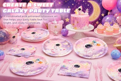 Outer Space Birthday Party Supplies for Girls, 96 Pcs Astronaut Disposable Tableware Set with 9 Inch and 7 Inch Paper Plates, Napkins and Forks, Pink Galaxy Decorations for 24 Guests Baby Shower - Image 4